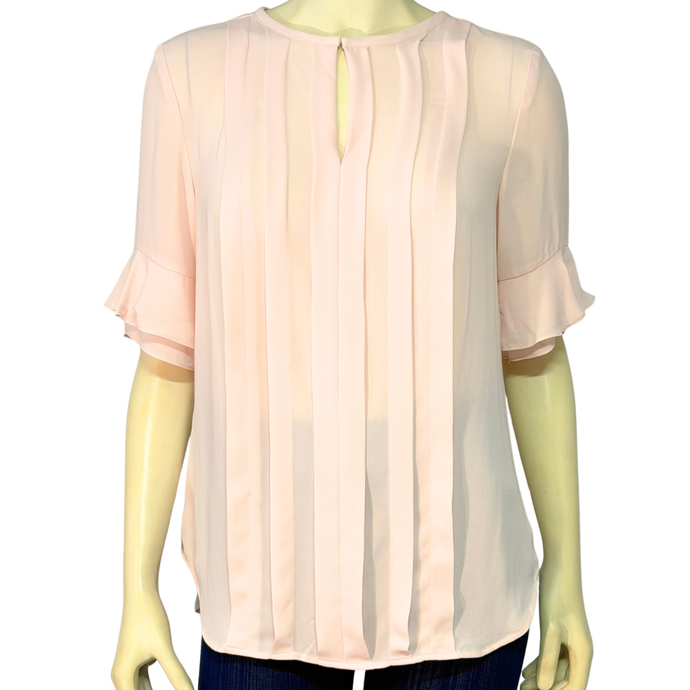 Ann Taylor Sz S Keyhole Front Blouse Pintuck Details Ruffle Sleeves Soft Pink
